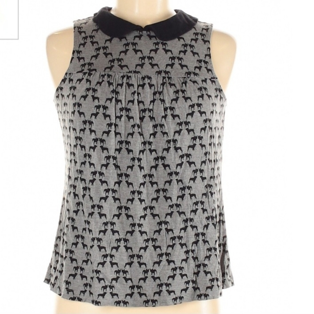 A.N.A Bulldog Frenchi Dog Print Peter Pan Collar Tank Top Women's Medium M Grey